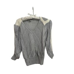 Signature Hand Knit Wrap V Neck Sweater Silver White Knit Top Women